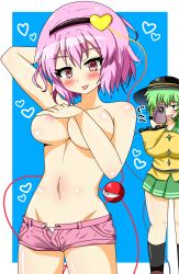 Rule 34 | 2girls, amagaeru, areola slip, arm up, blue background, blush, border, breasts, camera, covering privates, covering breasts, drooling, green eyes, green hair, hairband, hat, hat ribbon, heart, highres, holding, holding camera, huge breasts, komeiji koishi, komeiji satori, large breasts, looking at viewer, matching hair/eyes, multiple girls, navel, open fly, open mouth, outside border, panties, panty peek, pink hair, red eyes, ribbon, saliva, short hair, short shorts, shorts, siblings, simple background, sisters, skirt, smile, standing, sweat, thighhighs, third eye, tongue, tongue out, topless, touhou, translation request, underwear, white border, white panties