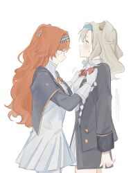 Rule 34 | 2girls, black jacket, blonde hair, blue eyes, blue hairband, blush, bow, bowtie, buttons, checkered clothes, checkered hairband, closed mouth, collared shirt, commentary request, dress, gloves, green eyes, grey cloak, hairband, highres, holding, jacket, long hair, long sleeves, matilda bouanich, medium hair, motion lines, multiple girls, nelizx, orange hair, red bow, red bowtie, reverse:1999, shirt, simple background, sonetto (reverse:1999), thai commentary, white background, white dress, white gloves