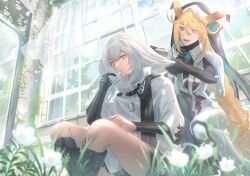 Rule 34 | 2girls, armored bodysuit, armored boots, black robe, blonde hair, blue eyes, boots, braid, brushing another&#039;s hair, cloak, dog tags, eating, feet out of frame, flower, goddess of victory: nikke, grass, hair between eyes, hair brush, highres, kojijima, light, long hair, looking at another, mechanical arms, multiple girls, nun, on one knee, rapunzel (nikke), robe, ruins, sidelocks, single braid, single mechanical arm, snow white (nikke), thighs, veil, very long hair, white cloak, white hair, white robe, window, yellow eyes