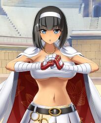 Rule 34 | 1girl, belt, black hair, blue eyes, bob cut, breasts, jewelry, large breasts, looking at viewer, menace (queen&#039;s blade), midriff, navel, necklace, official art, queen&#039;s blade, queen&#039;s blade limit break, sarashi, skirt, solo, underboob