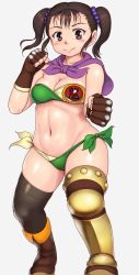 Rule 34 | 1girl, asymmetrical legwear, bare shoulders, bikini, black thighhighs, blush, boots, breasts, brown eyes, brown hair, cameltoe, character request, cleavage, closed mouth, commentary request, dragon quest, dragon quest iii, fingerless gloves, full body, gloves, highres, long hair, looking at viewer, medium breasts, navel, orizen, side-tie bikini bottom, sidelocks, simple background, solo, split mouth, square enix, standing, swimsuit, tareme, thick thighs, thighhighs, thighs, translation request, twintails, white background
