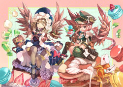 Rule 34 | 2girls, blonde hair, bow, breasts, brown eyes, cake, closed eyes, closed mouth, cup, dessert, dress, envelope, flower, food, frills, fruit, full body, gloves, hair between eyes, hat, high heels, holding, holding spoon, ice cream, ice cream cup, juliet sleeves, kepi, letter, long hair, long sleeves, macaron, mailbag, medium breasts, military hat, multiple girls, open mouth, original, pantyhose, pink hair, poll, pollypeggy2002, ponytail, puffy sleeves, sidelocks, sitting, smile, spoon, strawberry, wings