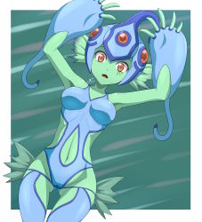 Rule 34 | 1girl, absurdres, artist request, breasts, clothing cutout, colored skin, curvy, digimon, digimon (creature), digimon frontier, fish girl, green skin, helmet, highres, looking at viewer, navel, navel cutout, one-piece swimsuit, ranamon, red eyes, surprised, swimsuit, wide hips