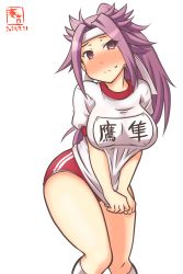 Rule 34 | 1girl, alternate costume, alternate hairstyle, artist logo, blush, breasts, buruma, covering privates, covering crotch, cowboy shot, dated, embarrassed, gym shirt, gym uniform, headband, highres, jun&#039;you (kancolle), kanon (kurogane knights), kantai collection, large breasts, legs together, long hair, name tag, one-hour drawing challenge, ponytail, purple eyes, purple hair, red buruma, shirt, simple background, solo, spiked hair, white background