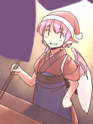 Rule 34 | 1girl, animal ears, bird ears, bird wings, blush, brown kimono, grin, hat, holding, japanese clothes, kimono, mystia lorelei, okamisty, pink hair, pom pom (clothes), rangycrow, red hat, santa hat, short hair, short sleeves, smile, solo, touhou, upper body, white wings, wings