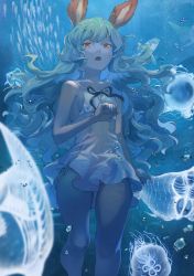 alternate_costume animal_ears blue_hair blue_theme bubble caustics dress erune ferry_(granblue_fantasy) fish granblue_fantasy highres jellyfish light_blue_hair orange_eyes short_dress skeleton sleeveless sleeveless_dress solo sunao_(souis) underwater