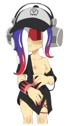 Rule 34 | 1girl, artist request, baseball cap, black dress, blue hair, breasts, breasts out, closed mouth, clothes pull, collarbone, cropped legs, dedf1sh, dress, dress pull, female focus, gradient hair, hat, headphones, headphones over headwear, highres, long hair, multicolored hair, nintendo, nipples, no bra, octoling, pulled by self, red-tinted eyewear, red hair, simple background, single bare shoulder, small breasts, solo, splatoon (series), splatoon 3, splatoon 3: side order, standing, suction cups, sunglasses, sweat, tentacle hair, tinted eyewear, two-tone hair, white background