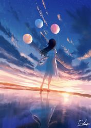 Rule 34 | 1girl, balloon, black footwear, black hair, blue sky, clothes lift, cloud, cloudy sky, commentary request, dress, facing away, floating, floating object, full body, highres, horizon, long hair, original, outdoors, salt flats, sandals, scenery, see-through, see-through dress, signature, skirt, skirt lift, sky, solo, standing, star (sky), sunlight, sunset, tochichima, white dress