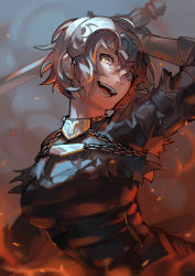 Rule 34 | 1girl, :d, black shirt, breasts, cape, fate/grand order, fate (series), gorget, hair between eyes, hand up, headpiece, highres, holding, holding sword, holding weapon, idk-kun, jeanne d&#039;arc (fate), jeanne d&#039;arc alter (avenger) (fate), jeanne d&#039;arc alter (fate), large breasts, looking at viewer, open mouth, shirt, short hair, silver hair, smile, solo, sword, torn cape, torn clothes, underbust, weapon, yellow eyes