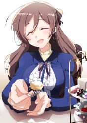 Rule 34 | 1girl, ahoge, alternate costume, blue jacket, brown hair, facing viewer, feeding, fort, frilled shirt, frills, half updo, jacket, kantai collection, kimura shiki, long hair, mamiya (kancolle), open mouth, shirt, simple background, skirt, smile, solo, tiered tray, upper body, white background, white shirt