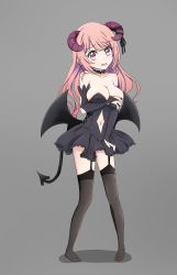 Rule 34 | 1girl, absurdres, black thighhighs, blush, breasts, cleavage, clothing cutout, cosplay, demon girl, demon horns, demon tail, embarrassed, fake horns, fake tail, full body, garter straps, grey background, highres, horns, jashin-chan dropkick, large breasts, lingerie, looking at viewer, navel, navel cutout, open mouth, pink eyes, pink hair, pino (jashin-chan dropkick), simple background, solo, standing, tail, thighhighs, tomato (papanohimitsu), underwear
