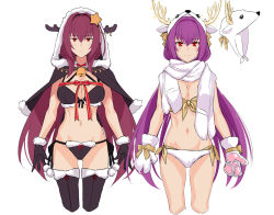 Rule 34 | 2girls, antlers, bell, bikini, boots, bow, breasts, capelet, character sheet, cleavage, fake antlers, fate/grand order, fate (series), frown, fur-trimmed bikini, fur-trimmed boots, fur-trimmed capelet, fur-trimmed gloves, fur trim, gloves, horns, large breasts, long hair, looking at viewer, mittens, multiple girls, navel, okitakung, pom pom (clothes), purple hair, red eyes, reindeer antlers, scarf, scathach (fate), scathach skadi (fate), side-tie bikini bottom, simple background, smile, star (symbol), swimsuit, thigh boots, thighhighs, white background