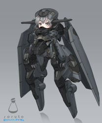Rule 34 | 1girl, armor, arms at sides, commentary request, covered mouth, full body, grey background, grey hair, helmet, highres, joints, looking at viewer, mecha musume, mechanical wings, original, robot joints, short hair, solo, soruto 0w98e, standing, wings, yellow eyes