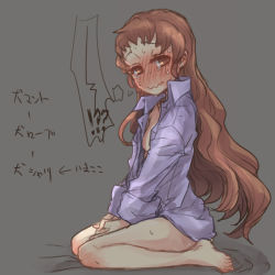 Rule 34 | 10s, 1girl, blush, bottomless, breasts, brown eyes, brown hair, dress shirt, embarrassed, freckles, hair down, isuzu (log horizon), log horizon, long hair, mo (deciliter), open clothes, open shirt, shirt, sitting, small breasts, solo, sweat, sweatdrop, tears, wariza, wavy mouth