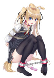 Rule 34 | 1girl, animal ears, ankle cuffs, arms behind back, bdsm, black thighhighs, blonde hair, blue eyes, blush, bondage, bound, bound ankles, chain, collar, cuffs, fang, feet, full body, ginklaga, hobble, long hair, looking at viewer, open mouth, rope, saenai heroine no sodatekata, sawamura spencer eriri, sex toy, shibari, shibari over clothes, skin fang, solo, tail, tears, thighhighs, toes, twintails, vibrator