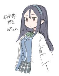 Rule 34 | 1girl, blue hair, blue jacket, blush stickers, commentary request, expressionless, green neckwear, hand in pocket, height, jacket, jitome, lab coat, long hair, lowres, original, plaid, plaid skirt, school uniform, simple background, sketch, skirt, solo, translated, utopia, white background