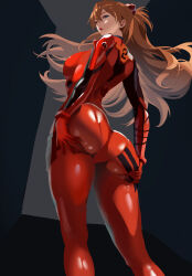 1girl :o ass ass_focus ass_press blue_eyes blueillustlab blush bodysuit breasts butt_crack curvy expressionless floating_hair grabbing_own_ass highres huge_ass lips long_hair looking_at_viewer looking_back medium_breasts neon_genesis_evangelion open_mouth plugsuit red_bodysuit shiny_clothes skin_tight solo souryuu_asuka_langley two_side_up very_long_hair wide_hips