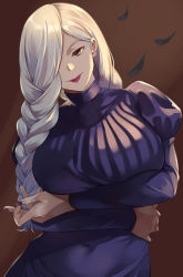 Rule 34 | 1girl, agu (agoppdki), arm under breasts, black dress, black feathers, black nails, braid, braided bangs, braided ponytail, breasts, closed mouth, covered navel, dress, feathers, front braid, hair over one eye, highres, jujutsu kaisen, large breasts, lipstick, long hair, long sleeves, looking at viewer, makeup, mei mei (jujutsu kaisen), nail polish, puffy long sleeves, puffy sleeves, smile, solo, turtleneck, turtleneck dress, white hair