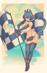 Rule 34 | 1girl, animal ears, aqua eyes, bikini, black hair, blue hair, blush, body scar, boots, breasts, detached sleeves, fang, fingerless gloves, flag, gloves, heels, highres, huge breasts, jewelry, mole, mole on breast, mole under mouth, necklace, original, panties, pincerpencil, race queen, scar, shoelaces, short hair, skirt, swimsuit, tail, underwear