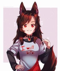 Rule 34 | 1girl, absurdres, animal collar, animal ears, black collar, blush, brooch, brown hair, clothes writing, collar, commentary, dungeon toaster, english commentary, english text, eyelashes, fingernails, grey background, grin, hand on own hip, highres, imaizumi kagerou, jewelry, layered clothes, long fingernails, long hair, long sleeves, looking at viewer, nail polish, outside border, pointing, pointing at self, red eyes, red nails, sharp teeth, sidelocks, simple background, smile, solo, standing, tail, teeth, touhou, wolf ears, wolf girl, wolf tail