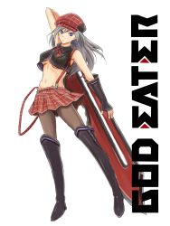 Rule 34 | 10s, 1girl, alisa ilinichina amiella, arm behind head, armpits, arms up, black footwear, black gloves, black pantyhose, boots, breasts, cabbie hat, elbow gloves, fingerless gloves, gloves, god eater, god eater burst, hat, highres, huge weapon, large breasts, long hair, looking at viewer, navel, pantyhose, plaid, rasielcochma, simple background, skirt, solo, suspender skirt, suspenders, sword, thigh boots, thighhighs, underboob, weapon