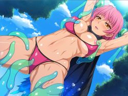 Rule 34 | 1girl, armpits, arms up, bikini, bikini top only, blush, breasts, cape, covered erect nipples, game cg, groin, hormone koijirou, large breasts, legs, monster, navel, nipple stimulation, nipple tweak, nipples, outdoors, parted lips, pink hair, rankou!! yarimakuri online, restrained, short hair, sky, solo focus, standing, sweat, swimsuit, tan, tanline, tentacles, thighs, thong, yellow eyes
