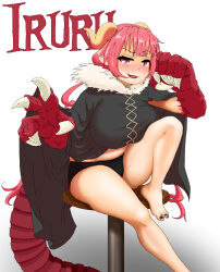 Rule 34 | 1girl, barefoot, bikini, black bikini, black cape, black toenails, breasts, cape, character name, claws, death by lolis, dragon tail, fang, feet, fur collar, gradient background, grey background, highres, horns, huge breasts, ilulu (maidragon), kobayashi-san chi no maidragon, long hair, looking at viewer, low twintails, monster girl, pink eyes, pink hair, sitting, slit pupils, smile, smug, solo, stool, swimsuit, tail, toenails, twintails, white background