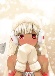 Rule 34 | 1girl, altera (fate), altera the santa (fate), bare shoulders, blunt bangs, blush, bow, covering own mouth, dark-skinned female, dark skin, detached sleeves, earmuffs, fate/grand order, fate (series), highres, kohige, mittens, motion blur, own hands together, red eyes, sheep, short hair, snowing, solo, upper body, veil, white bow, white mittens