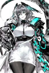 Rule 34 | 1girl, aqua eyes, aqua nails, arknights, black choker, black jacket, black pantyhose, breasts, chest harness, choker, dress, fangs, fingerless gloves, gloves, grey hair, grin, harness, head wings, highres, ho&#039;olheyak (arknights), infection monitor (arknights), jacket, large breasts, long sleeves, looking at viewer, medium hair, pantyhose, remsrar, smile, snake tail, solo, tail, white dress, white gloves, wings