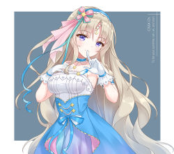 Rule 34 | 1girl, breasts, civia, collarbone, commentary request, dress, finger to mouth, gloves, headband, highres, hololive, hololive china, horns, kebin no shio amaou, light brown hair, long hair, looking at viewer, medium breasts, purple eyes, ribbon, simple background, single horn, smile, solo, virtual youtuber