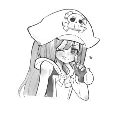 Rule 34 | 1girl, bare shoulders, finger to mouth, fingerless gloves, gloves, greyscale, grin, guilty gear, guilty gear xrd, hat, hat ornament, highres, ky4274, long hair, looking at viewer, may (guilty gear), monochrome, one eye closed, pirate, pirate hat, shushing, skull and crossbones, skull hat ornament, smile