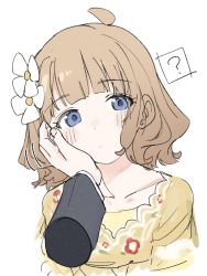 Rule 34 | 1boy, 1girl, ?, absurdres, ahoge, blunt bangs, blush, cropped torso, dress, expressionless, flower, hair flower, hair ornament, hand on another&#039;s cheek, hand on another&#039;s face, hetero, highres, idolmaster, idolmaster million live!, light brown hair, looking at viewer, meeeeeeco359, motion lines, patting, pov, pov hands, producer (idolmaster), suou momoko, upper body, yellow dress