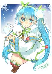 Rule 34 | 10s, 1girl, 2015, absurdres, aqua eyes, aqua hair, blush, boots, rabbit, capelet, character name, flower, fur trim, hatsune miku, highres, kakizato, lily of the valley, long hair, looking at viewer, sitting, smile, snowdrop (flower), snowflake print, snowflakes, twintails, very long hair, vocaloid, yuki miku, yukine (vocaloid)