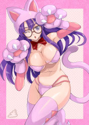 Rule 34 | 1girl, ;o, aged up, alternate form, animal hands, animal hat, bikini, bow, breasts, cat paws, cleavage, dr. slump, elbow gloves, gloves, hat, kiyoko3sai, large breasts, long hair, navel, norimaki arale, one eye closed, paw gloves, paw pose, pink bikini, pink thighhighs, purple eyes, purple hair, solo, swimsuit, tail, thighhighs, wink