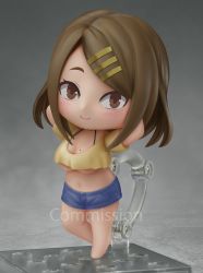 Rule 34 | 1girl, barefoot, blue shorts, blush, borrowed character, breasts, brown eyes, brown hair, chibi, cleavage, closed mouth, commission, crop top, eyebrows, full body, hair ornament, hairclip, highres, large breasts, looking at viewer, mole, mole on breast, navel, nendoroid, original, shiori2525, short hair, short shorts, shorts, smile, solo, underboob