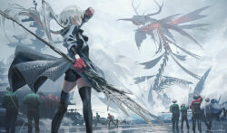 Rule 34 | 1girl, 6+boys, aircraft, aircraft carrier, airplane, antlers, arm up, ass, black jacket, black pants, black shorts, black thighhighs, commentary request, fighter jet, floating hair, gloves, green jacket, grey hair, helicopter, highres, holding, holding weapon, hood, hood down, hooded jacket, horns, jacket, jet, long hair, military vehicle, multiple boys, open clothes, open jacket, original, outdoors, pants, rain, red gloves, red jacket, running, ship, short shorts, shorts, skull, standing, swav, thighhighs, very long hair, warship, water, watercraft, weapon, white jacket