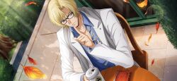 Rule 34 | 1boy, artist request, black-framed eyewear, blonde hair, blue eyes, blue shirt, blurry, bokeh, book, bush, casual, closed mouth, code geass, code geass: lost stories, coffee, collarbone, collared shirt, cup, day, depth of field, disposable cup, drink, dutch angle, falling leaves, finger to mouth, from above, game cg, glasses, grey scarf, hand up, happy, highres, holding, holding cup, holding drink, index finger raised, jacket, layered sleeves, leaf, light particles, light rays, long sleeves, looking at viewer, male focus, non-web source, official art, on chair, open clothes, open jacket, outdoors, scarf, schneizel el britannia, shirt, short hair, shushing, sidelocks, sitting, smile, solo, sunlight, table, upper body, white jacket