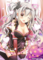 Rule 34 | 1girl, ;d, animal, animal on head, apron, bed, black thighhighs, blush stickers, bow, breasts, brown eyes, cleavage, downblouse, eros (shinkai no valkyrie), garter straps, grey hair, hair bow, heart, heart-shaped pillow, highres, kneeling, large breasts, leaning forward, looking at viewer, on head, one eye closed, open mouth, original, pillow, shinkai no valkyrie, skirt, smile, solo, teasing, thighhighs, twintails, undressing, usaginezumi
