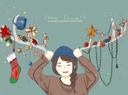 Rule 34 | 1girl, antlers, apple, aqua background, bad id, bad pixiv id, beanie, bell, blue hat, blush, brown hair, brown shirt, christmas ornaments, closed eyes, confetti, food, fruit, hat, highres, holding, horns, long hair, long sleeves, merry christmas, open mouth, original, shirt, smile, solo, stuffed animal, stuffed toy, teddy bear, upper body, yoshimon