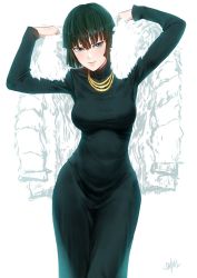 Rule 34 | 1girl, arms up, black dress, blunt bangs, bob cut, breasts, dress, eyelashes, fubuki (one-punch man), fur trim, green eyes, green hair, half-closed eyes, jacket, jewelry, lips, long sleeves, looking at viewer, medium breasts, necklace, one-punch man, parted lips, pink lips, short hair, simple background, smile, solo, steamy tomato, turtleneck, turtleneck dress, white background, wide hips