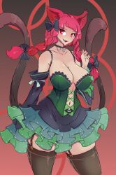 Rule 34 | 1girl, adapted costume, animal ears, black choker, black thighhighs, braid, breasts, cat ears, cat girl, cat tail, choker, collarbone, commentary, dress, english commentary, frilled dress, frills, garter straps, gradient background, green dress, greenm, highres, kaenbyou rin, large breasts, long hair, looking at viewer, multiple tails, navel, nekomata, open mouth, red hair, side braids, solo, tail, thighhighs, touhou, twin braids, two tails
