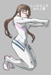 Rule 34 | 1girl, blue eyes, bodysuit, breasts, brown hair, closed mouth, commentary request, covered navel, evangelion: 3.0+1.0 thrice upon a time, full body, glasses, grey background, hairband, highres, k katora, kneeling, long hair, looking at viewer, makinami mari illustrious, neon genesis evangelion, outstretched arms, own hands clasped, own hands together, plugsuit, rebuild of evangelion, red-framed eyewear, simple background, skin tight, smile, solo, twintails, white bodysuit