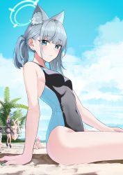 Rule 34 | 1girl, absurdres, animal ear fluff, animal ears, arm support, ayane (blue archive), ayane (swimsuit) (blue archive), ball, bare arms, beach, bikini, blue archive, blue eyes, blue sky, blush, breasts, cloud, cloudy sky, competition swimsuit, covered navel, earrings, frilled bikini, frills, from side, grey hair, halo, highres, hoshino (blue archive), hoshino (swimsuit) (blue archive), jewelry, looking at viewer, medium hair, nail polish, nonbire, nonomi (blue archive), nonomi (swimsuit) (blue archive), one-piece swimsuit, parted lips, plant, ponytail, sand, serika (blue archive), serika (swimsuit) (blue archive), shiroko (blue archive), shiroko (swimsuit) (blue archive), sidelocks, sitting, sky, small breasts, solo focus, swimsuit, thighs, two-tone swimsuit, volleyball, volleyball (object), volleyball net, wolf ears