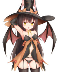 Rule 34 | 1girl, :d, absurdres, animal, animal ear fluff, animal ears, arm behind head, arm up, armpits, azur lane, bare shoulders, bat (animal), bat wings, black gloves, black hair, black hat, black panties, black thighhighs, blush, bow, breasts, brown bow, brown wings, cameltoe, collarbone, ears through headwear, elbow gloves, fangs, fox ears, garter belt, gloves, gluteal fold, halloween, hat, hat bow, highres, long hair, looking at viewer, nagato-chan, nagato (azur lane), navel, open mouth, panties, simple background, small breasts, smile, solo, thighhighs, underwear, very long hair, white background, wings, witch hat, yellow bow, yellow eyes