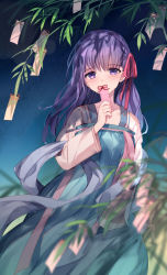 Rule 34 | 1girl, bison cangshu, blush, collarbone, commentary, covered mouth, fate/stay night, fate (series), hair ribbon, hand up, highres, holding, long hair, long sleeves, looking at viewer, matou sakura, night, night sky, outdoors, purple eyes, purple hair, red ribbon, ribbon, sky, solo, star (sky), starry sky, symbol-only commentary, tanabata, tanzaku