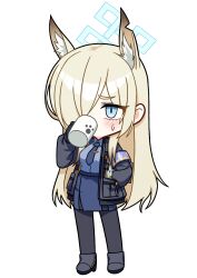 Rule 34 | 1girl, alfie (tmdals7645), animal ear fluff, animal ears, armband, black footwear, black gloves, black jacket, black pantyhose, blonde hair, blue archive, blue necktie, blue shirt, blue skirt, blush, boots, breasts, chibi, collared shirt, cup, drinking, extra ears, full body, gloves, hair ornament, halo, hand in pocket, holding, holding cup, jacket, kanna (blue archive), long hair, necktie, notched ear, open clothes, open jacket, pantyhose, pencil skirt, shirt, sidelocks, simple background, skirt, small breasts, solo, standing, sweatdrop, white background