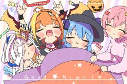 Rule 34 | 4girls, ahoge, alternate costume, amane kanata, anemachi, angel, angel wings, arms up, bandages, black bow, black hairband, blanket, blonde hair, blue hair, blunt bangs, blush, bow, bowtie, candy, closed eyes, closed mouth, collared shirt, colored inner hair, commentary request, doukyo&#039;s, dragon girl, dragon horns, dragon wings, drooling, english text, facing another, feathered wings, food, hair ornament, hairband, halloween, halloween bucket, halloween costume, halo, hat, highres, holding, holding blanket, hololive, horn bow, horn ornament, horns, hoshimachi suisei, kiryu coco, long hair, multicolored bow, multicolored hair, multiple girls, mummy costume, open mouth, orange hair, pink hair, pink sweater, pizza box, pointy ears, sakuramochi (sakura frappe), saliva, shirt, short hair, silver hair, sleeping, smile, star (symbol), star hair ornament, streaked hair, striped, striped background, sweater, text focus, under covers, vampire costume, virtual youtuber, wavy hair, white bow, wings, witch, witch hat, zzz