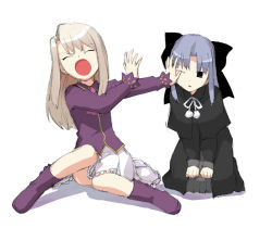 Rule 34 | 00s, 2girls, blonde hair, boots, closed eyes, company connection, crossover, dress, fate/hollow ataraxia, fate/stay night, fate (series), full body, grey hair, illyasviel von einzbern, len (tsukihime), melty blood, multiple girls, one eye closed, open mouth, pointy ears, purple footwear, pushing, ribbon, shadow, simple background, sitting, skirt, takenashi eri, tsukihime, type-moon, white background, wink