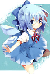 Rule 34 | &gt;:), 1girl, bad id, bad pixiv id, blue dress, blue eyes, blue hair, blue skirt, blush, bow, cirno, dress, hair bow, hair ribbon, looking at viewer, matching hair/eyes, nochita shin, open \m/, outstretched arms, outstretched hand, print dress, ribbon, shirt, short dress, short hair, short sleeves, skirt, smile, snowflakes, solo, touhou, v-shaped eyebrows, wings