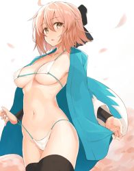 Rule 34 | 1girl, :o, absurdres, ahoge, arm guards, arms at sides, bikini, bikini under clothes, black bow, black scarf, black thighhighs, blonde hair, bow, breasts, breasts apart, cameltoe, cherry blossoms, collarbone, cowboy shot, fate/grand order, fate (series), female focus, grey eyes, groin, hair between eyes, hair bow, half updo, haori, highres, japanese clothes, kimono, legs together, long sleeves, looking at viewer, medium breasts, micro bikini, navel, okita souji (fate), okita souji (koha-ace), open clothes, open kimono, open mouth, orange hair, parted lips, petals, pulled by self, revision, scarf, shinsengumi, short hair, short kimono, shunichi, skindentation, sleeveless, sleeveless kimono, solo, standing, stomach, string bikini, string pull, swimsuit, swimsuit under clothes, thighhighs, underboob, white background, white bikini, wide sleeves
